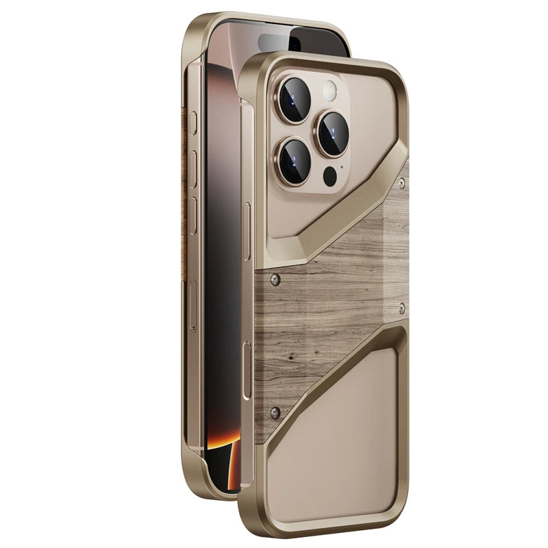 Irregular Metal Frame Phone Case For iPhone 16 15 Pro Max Aluminum Alloy Frameless Solid Wood Shockproof Cover For iphone 16 Pro