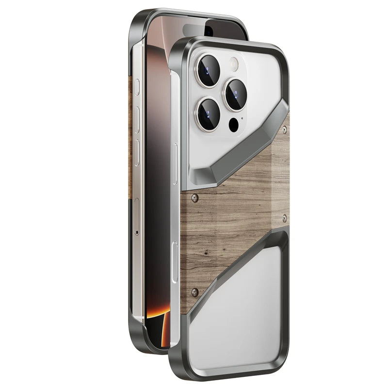 Irregular Metal Frame Phone Case For iPhone 16 15 Pro Max Aluminum Alloy Frameless Solid Wood Shockproof Cover For iphone 16 Pro